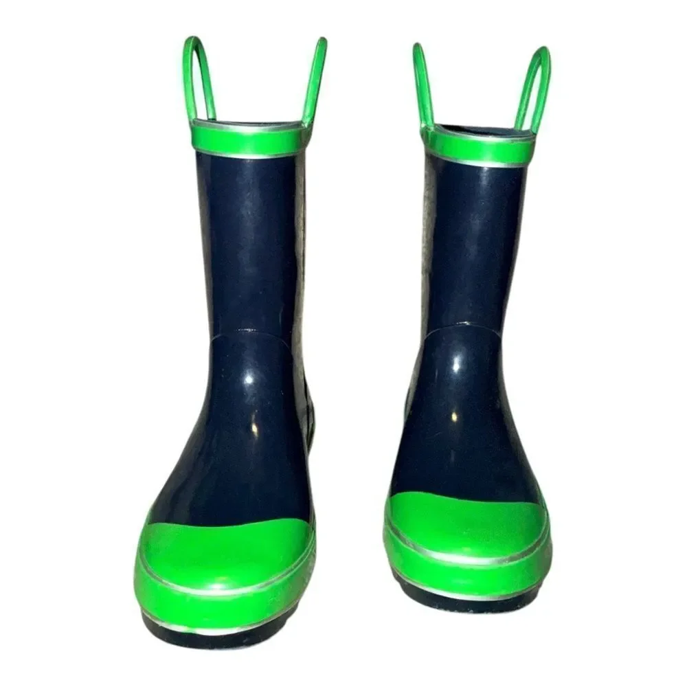 Northside Unisex Child Classic Rain Boots Navy Blue & Green Pull On 2M EUC